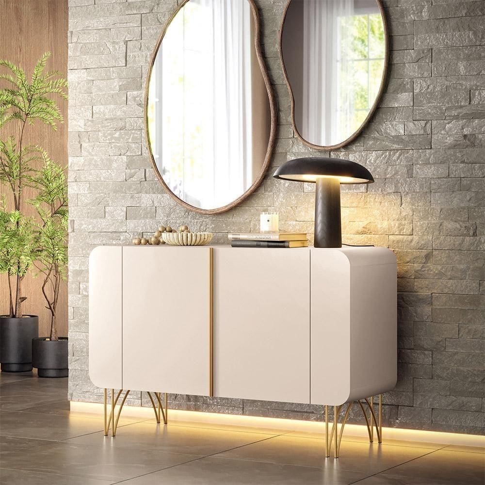 Buffet Decorativo Sala De Estar Bambino Mdp/mdf Pés Em Aço Off White G26 - Gran Belo
