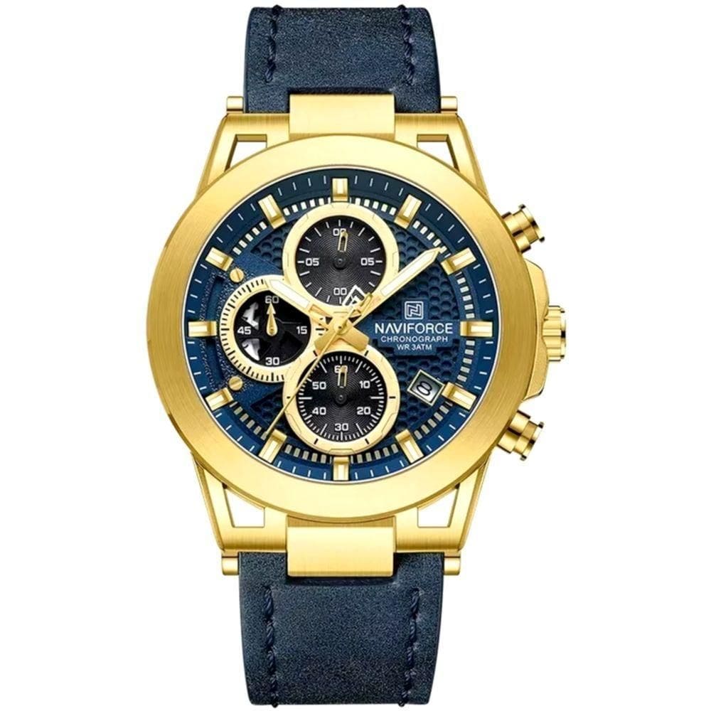 Relógio Analógico Design Esportivo Impermevel À Prova Da Água Pulseira Em Couro Ecológico Azul Dourado