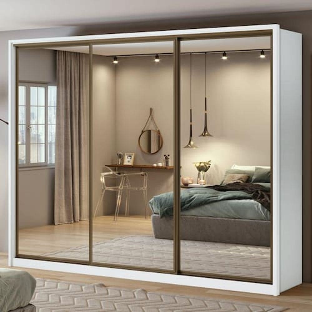 Guarda Roupa Casal com 3 Espelhos 3 Portas de Correr 6 Gavetas 270,5cm Spazio Super Glass Móveis Lopas Branco Móveis Lopas