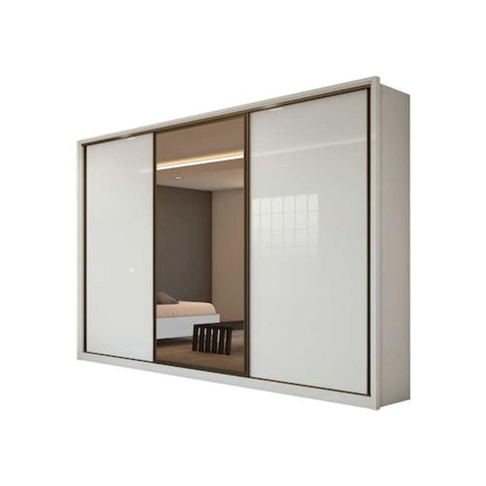 Guarda Roupa C/ Espelho 3 Portas de Correr 6 Gavetas Spazio Glass - Branco