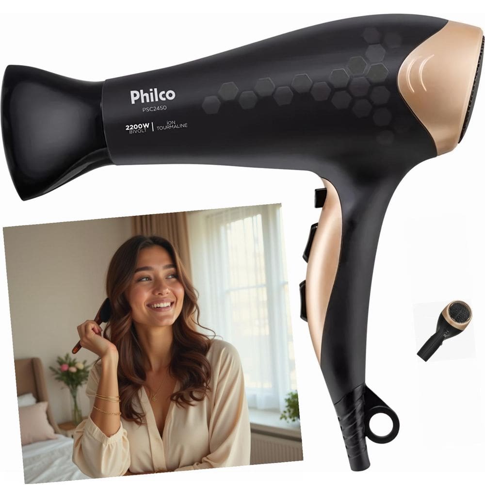 Secador Cabelos Philco PSC2450 Bivolt 2200W Íons Tourmaline Preto 2 Velocidades 3 Temperaturas