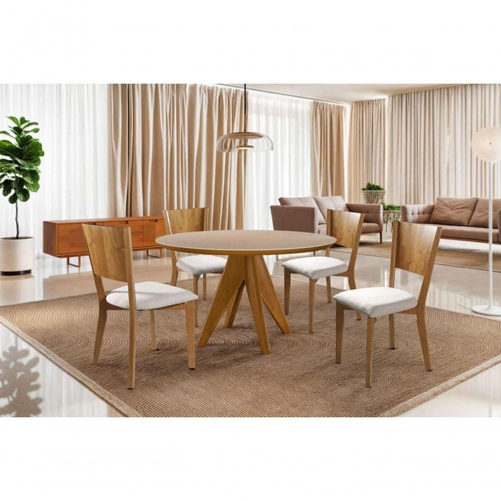 Sala De Jantar Redonda Com Vidro Madeira Maciça 4 Cadeiras 1,10m - Ametista - Harmonia Salas