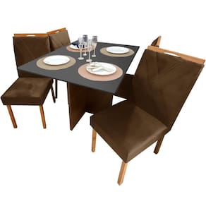 Mesa de Jantar Helo 120x90cm em Veludo com 4 Cadeiras California Poliman Cor Grafite com Assento Marrom