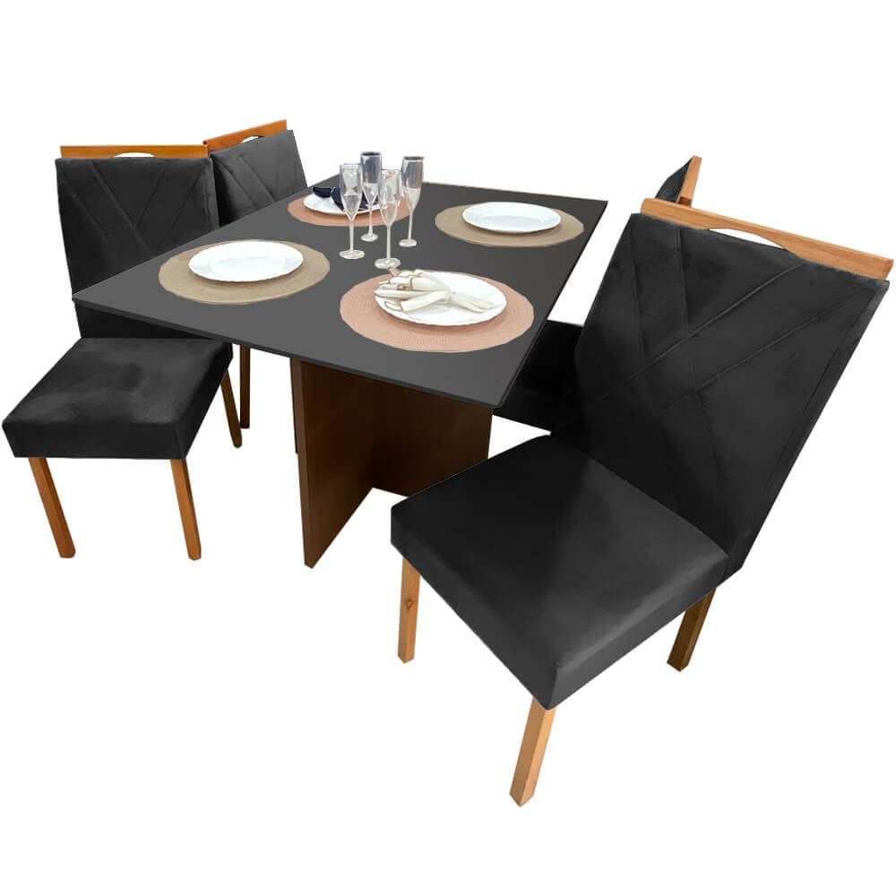 Mesa de Jantar Helo 120x90cm em Veludo com 4 Cadeiras California Poliman Cor Grafite com Assento Preto
