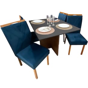 Mesa de Jantar Helo 90x90cm em Linho com 4 Cadeiras California Poliman Cor Grafite com Assento Azul
