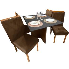 Mesa de Jantar Helo 90x90cm em Linho com 4 Cadeiras California Poliman Cor Grafite com Assento Marrom
