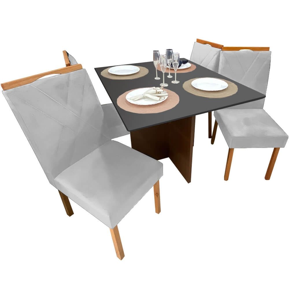 Mesa de Jantar Helo 90x90cm em Veludo com 4 Cadeiras California Poliman Cor Grafite com Assento Prata