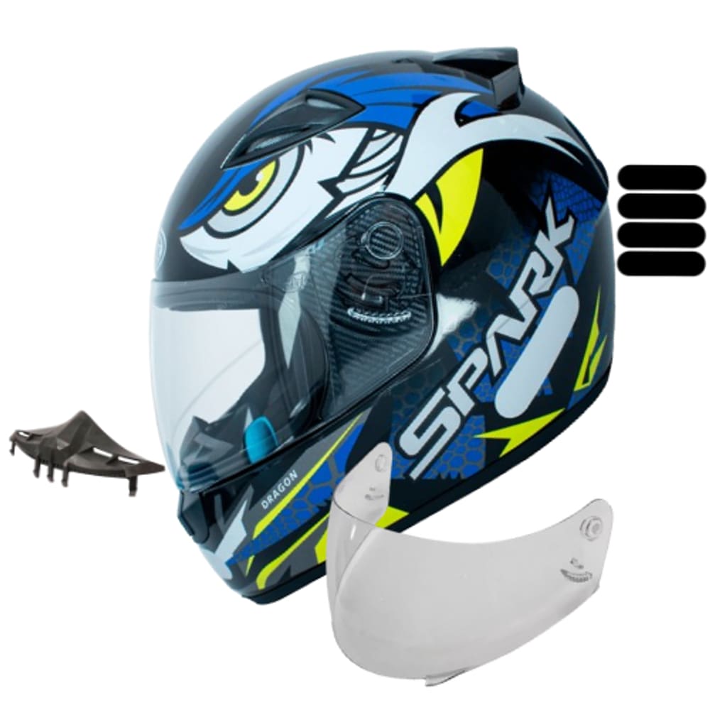 Capacete Ebf Dragon Azul Mais Viseira Cristal Adesivo e Narigueira Alta Extra