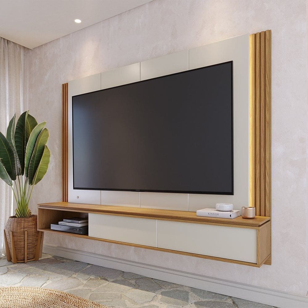 Painel Home Suspenso para Tv até 75" com Led 2 Portas Loa Off White/Freijó
