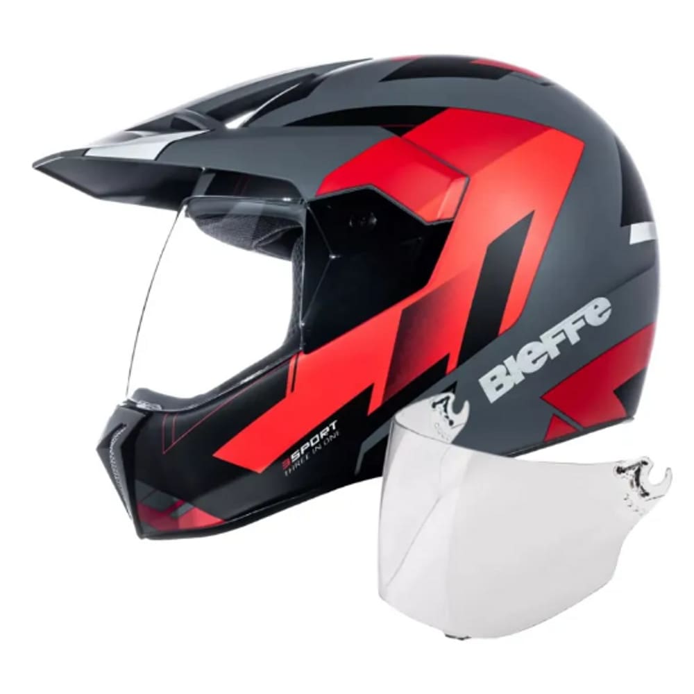 Capacete 3 Sport React Cinza Vermelho Mais Viseira Cristal