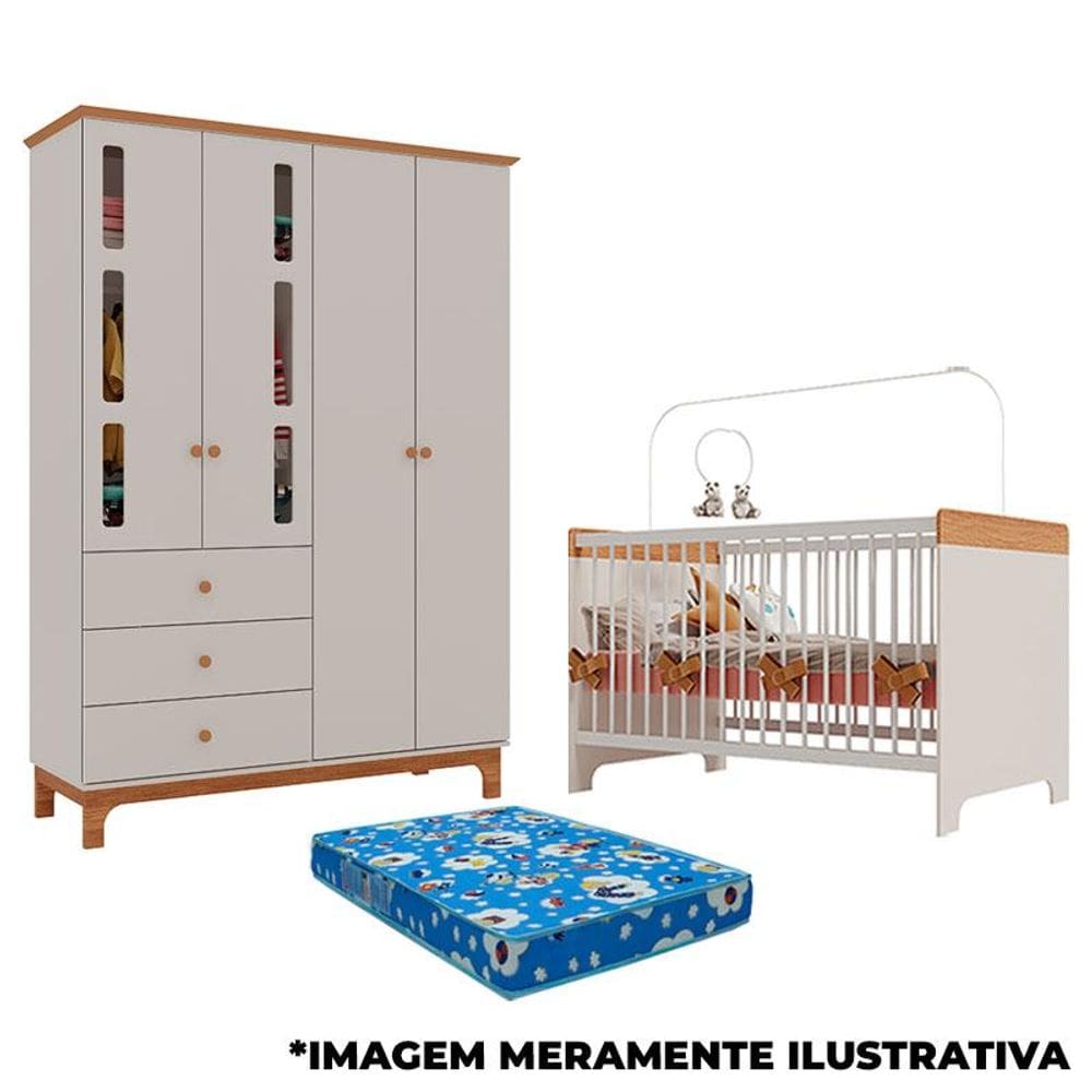 Berço Mini Cama Pega Pega e Guarda Roupa Antonella 4 Portas Off White Caramelo com Colchão - Canaã