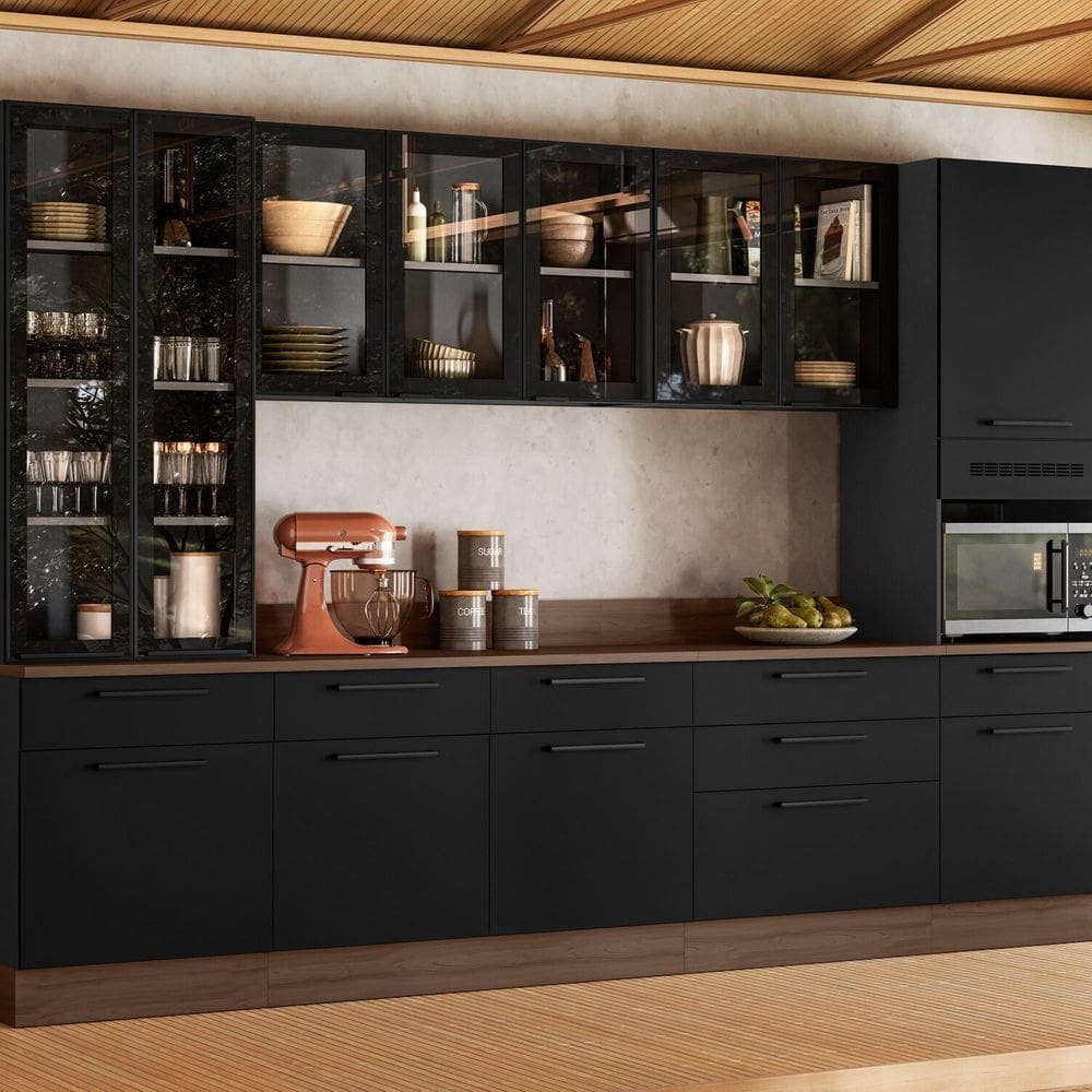 Cozinha Modulada em Aço 7 Peças com Paneleiro Forno e Cristaleira Rodapé em PVC Exclusive Grafite/Preto Matt