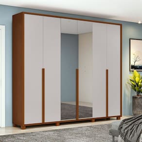Guarda-Roupa 6 Portas 4 Gavetas 100% MDF com Espelho e Pés Style Frassino/Off White