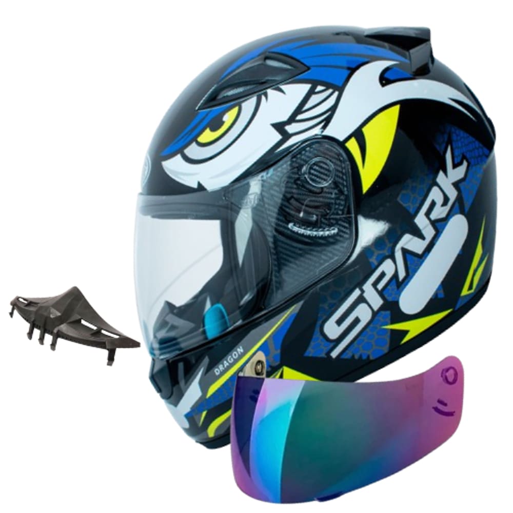 Capacete Masculino Ebf Dragon Azul Com Viseira Camaleão e Narigueira Alta