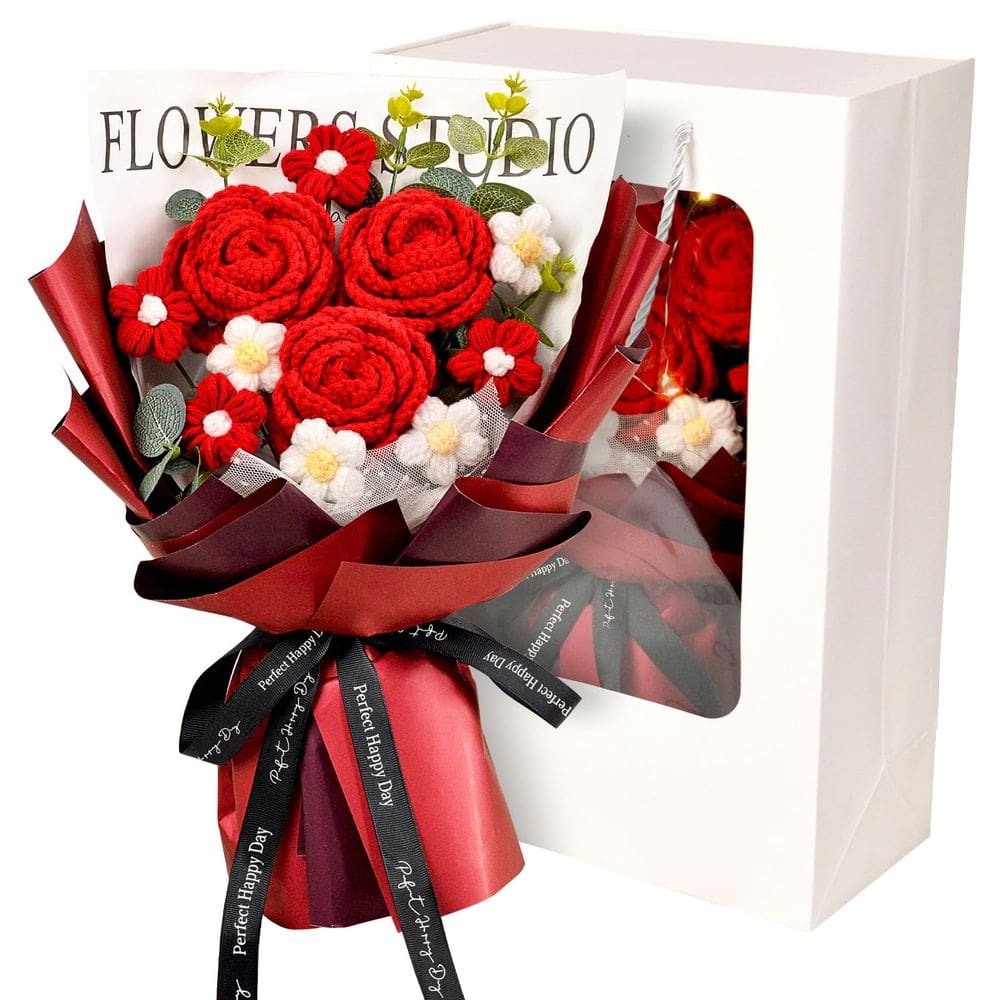Buquê de flores de crochê Wishwell Pop Red Roses Daisy