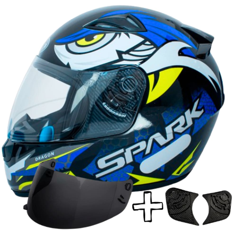 Capacete Moto Fechado Dragon Azul Ebf Mais Kit Viseira Fumê e Reparo