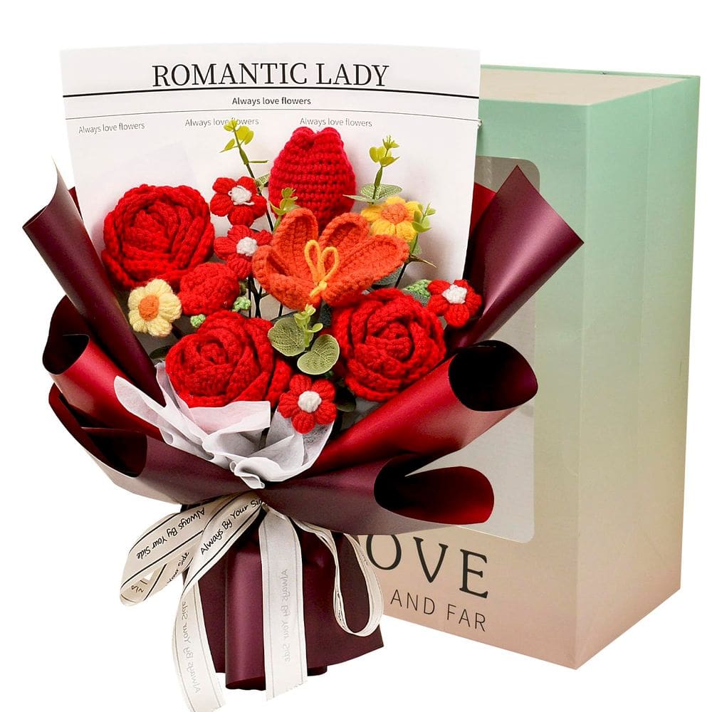 Buquê de flores de crochê Wishwell Pop Dia dos Namorados vermelho