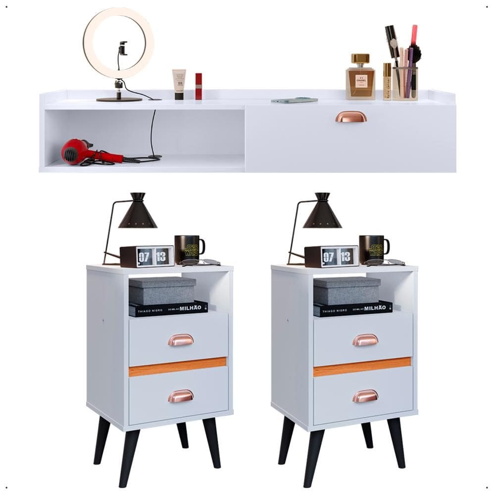 Kit Quarto Classic 2 Mesas Cabeceira Retrô Pés Palito Penteadeira Suspensa Compacta Nicho Decorativo Suspenso Branco - Lojas RPM