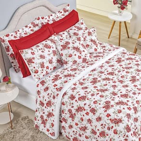 Edredom Casal Padrão Craft Percal 200 Fios 100% Algodão 5 Peças - Rosas Vermelhas
