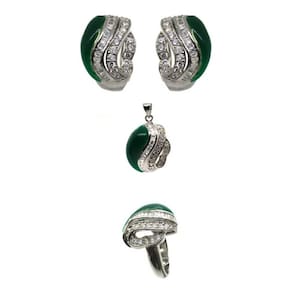Cj. Brinco Pingente E Anel Verde Em Prata 925 Zirconio J6817