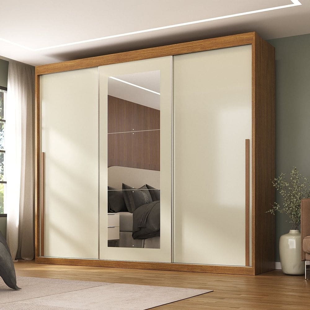 Guarda-Roupa Casal 3 Portas de Correr e 6 Gavetas Spazio Cinamomo/ Off White