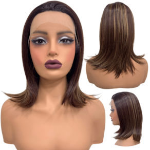 Peruca front lace media curta 13x1 castanho luzes R4/33/27