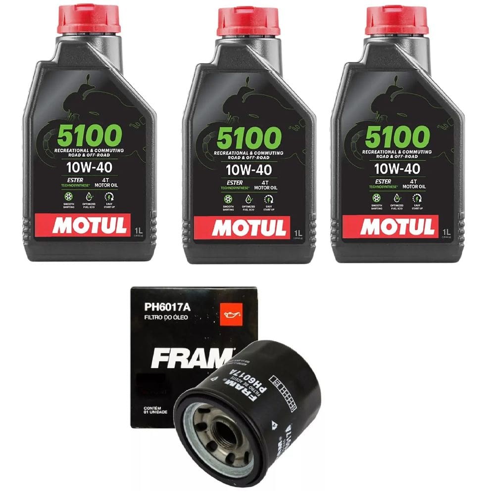 KIT TROCA DE ÓLEO 3X MOTUL 5100 10W-40 4T 1L + FILTRO FRAM XJ6 Z400 Ninja 300 400 Versys 300