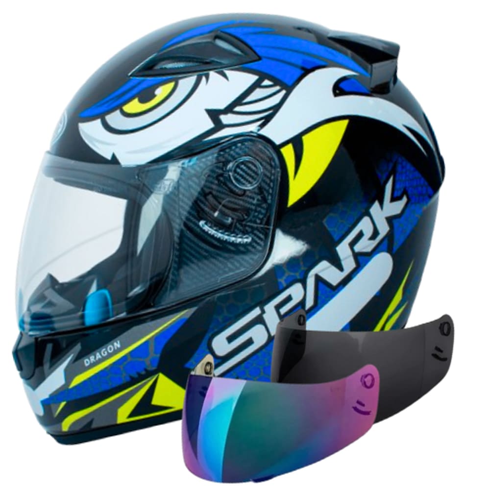 Capacete Moto Masculino Dragon Azul Ebf Com Viseira Camaleão e Fumê Extra