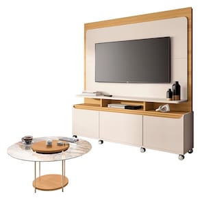 Estante Home Theater Quantum e Mesa de Centro Sky com Tampo de Vidro Off White Cinamomo– HB Móveis