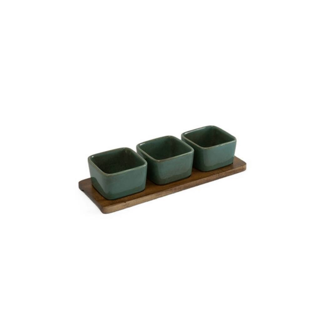 Petisqueira Madeira 3 Bowls Cerâmica Marrom/Verde 31CM UN0031