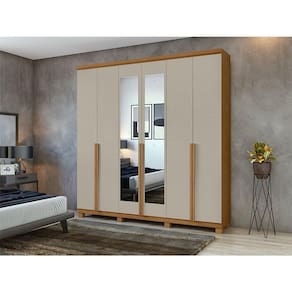 Guarda Roupa Casal Ambiente Alonzo 6 Portas Amêndoa Clean Off White com Espelho e Pés - Lopas