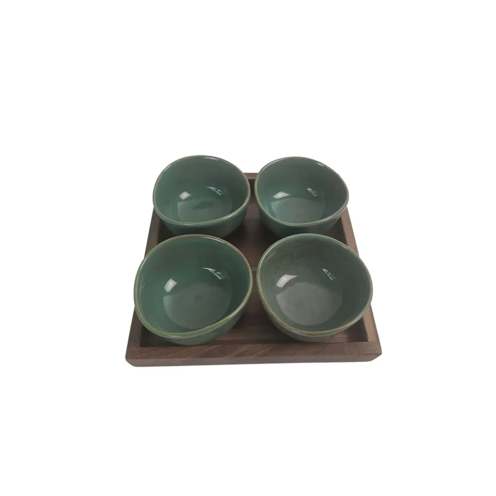Petisqueira Madeira 4 Bowls Cerâmica Marrom/Verde 24CM UN0035