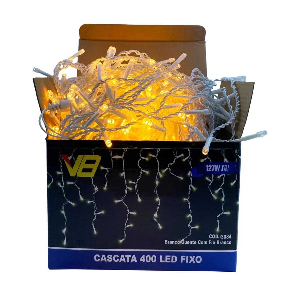 Cascata Natal Pisca Fixo 400 Leds 9,5m Branco Quente 127V Uso Interno 14738-PL