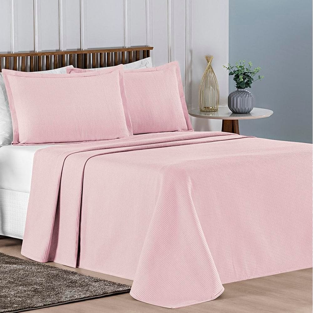 Cobre Leito King Charm Piquet 100% Algodão 3 Peças - Rosa