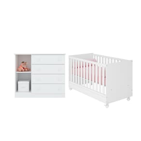 Conjunto Berço Americano com Rodízios e Cômoda Doce Sonho Branco - Qmovi