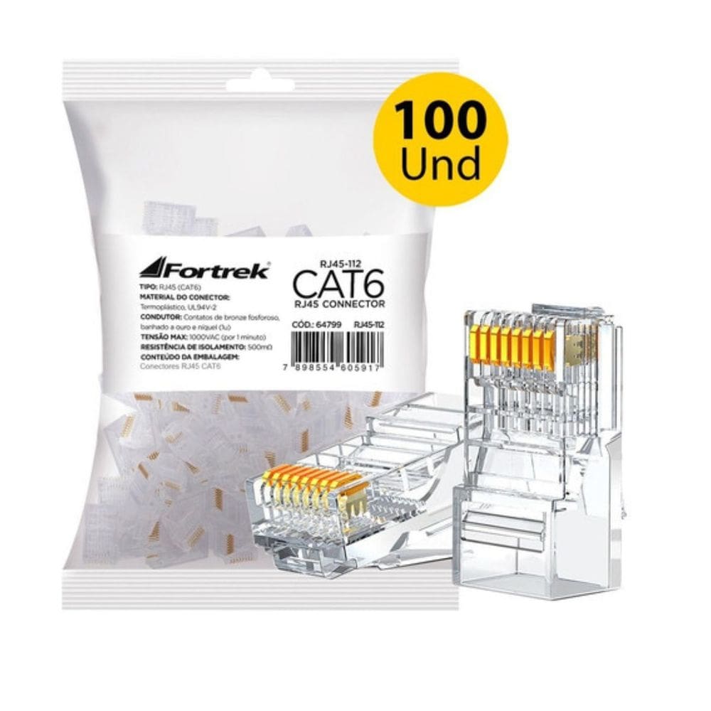 Conector RJ45 Cat6 Fortrek pacote com 100un