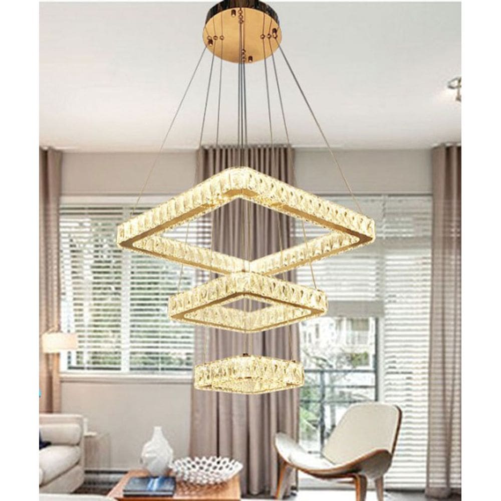 Pendente 3 Modulos Cristal Dourado LED 120W 3 em 1 com Controle Remoto