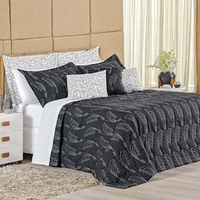 Cobre Leito Queen Leonora Bordado 180 Fios 3 Peças - Preto - 100% Poliéster