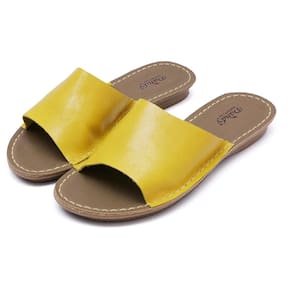 Sandália Tamanco Feminino Amarelo De Couro Chinelo Slide Basic Flat Salto Baixo