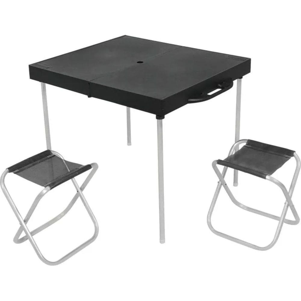 Mesa Portátil com Furação Guarda Sol 2 Banquetas Suporta 90kg Dobrável Camping Pesca Viagem Bel