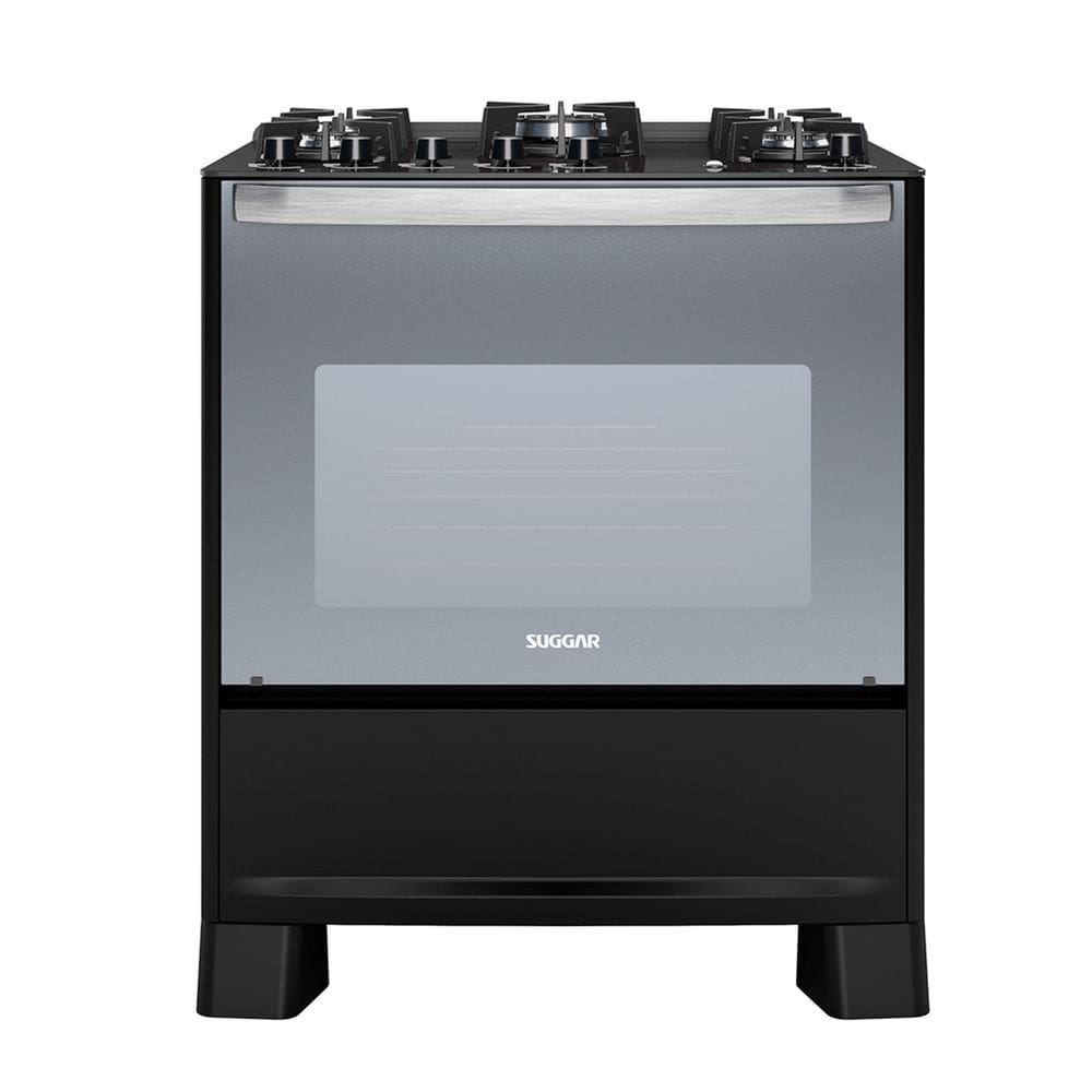 Fogão Suggar Master Grill Preto Mesa De Vidro 5 Bocas Tripla Chama Grill Trempe Ferro Fundido