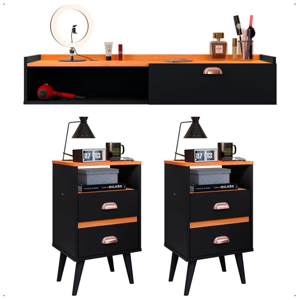 Kit Quarto Classic 2 Mesas Cabeceira Retrô Pés Palito Penteadeira Suspensa Compacta Nicho Decorativo Suspenso Preto/Cinamomo - Lojas RPM