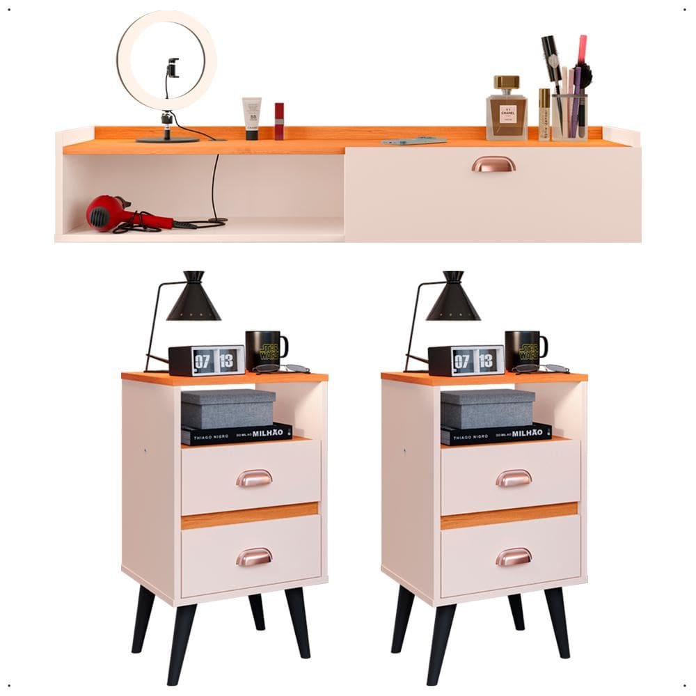 Kit Quarto Classic 2 Mesas Cabeceira Retrô Pés Palito Penteadeira Suspensa Compacta Nicho Decorativo Suspenso Off White/Cinamomo - Lojas RPM