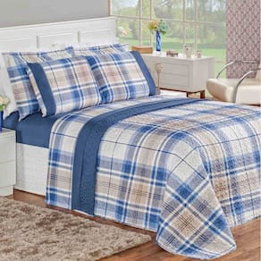 Cobre Leito Queen 200 Fios Dupla Face 3 peças Naturalle - Xadrez Azul