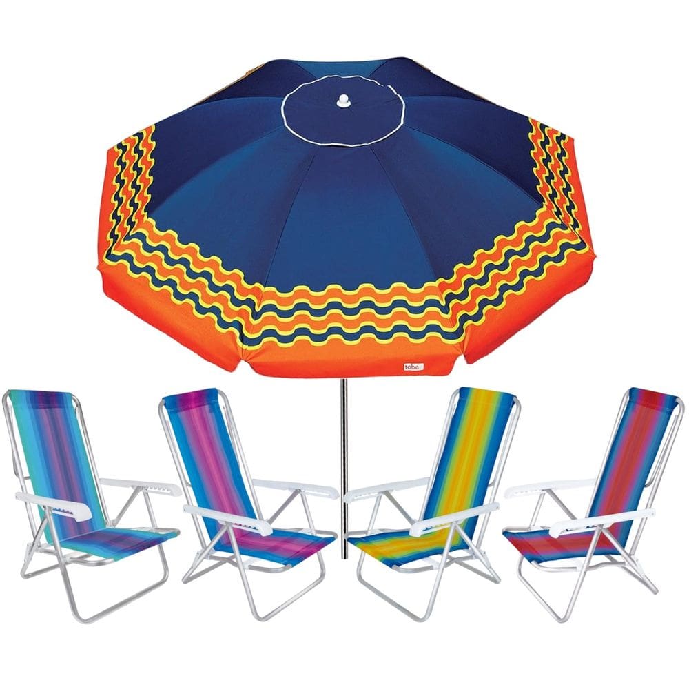 Kit Guarda Sol 2,5m Articulado Ibiza Turquesa 4 Cadeira 8 Posições Alumínio Praia Piscina Camping - Tobee