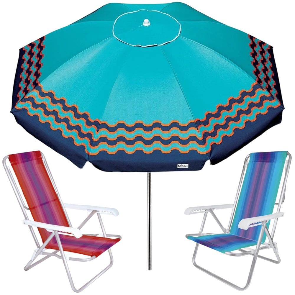 Kit Guarda Sol 2,5m Articulado Ibiza Turquesa 2 Cadeira 8 Posições Alumínio Praia Piscina Camping - Tobee
