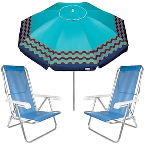 Kit Guarda Sol 2,5m Articulado Ibiza Turquesa 2 Cadeira 8 Posições Alumínio Sannet Praia Piscina Camping - Tobee