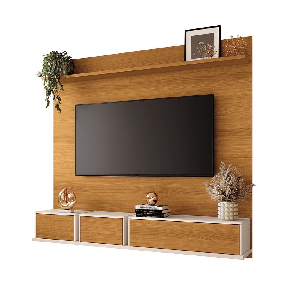 Painel TV 70 Pol 180cm Bancada Suspensa Eren Cinamomo/Off White H01 - D`Rossi