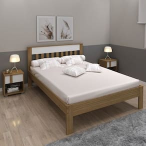 Conjunto Cama Casal com 2 Mesas de Cabeceira Amêndoa/Branco