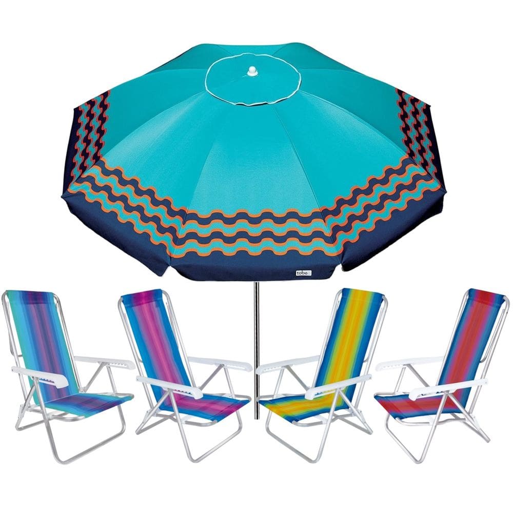 Kit Guarda Sol 2,5m Articulado Ibiza Turquesa 4 Cadeira 8 Posições Alumínio Praia Piscina Camping - Tobee